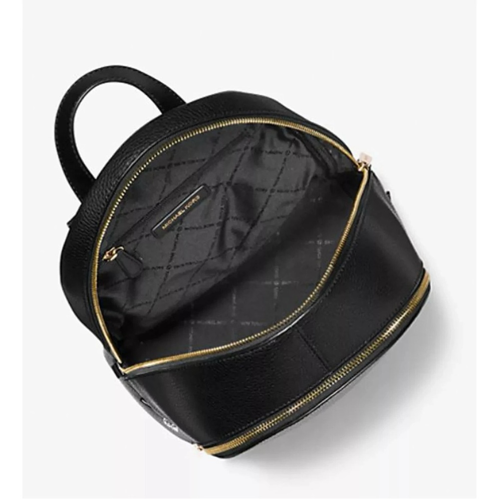 Michael Kors Rhea Medium Pebbled Leather Backpack Black Gold Hardware w Dust Bag - Picture 3 of 7